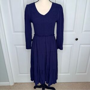 Annebouti Blue Smocked Tiered Long Sleeve Midi Dress Size Medium V-Neck